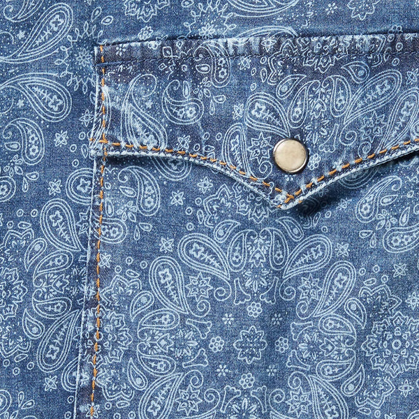 Navy paisley pearl snap button down with double breast pockets and western yoke