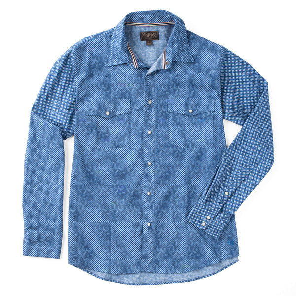 Men's button down dress shirt with pearl snaps, double breast pockets and blue dot pattern
