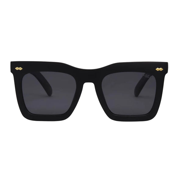 Black frame sunglasses with smoke lenses