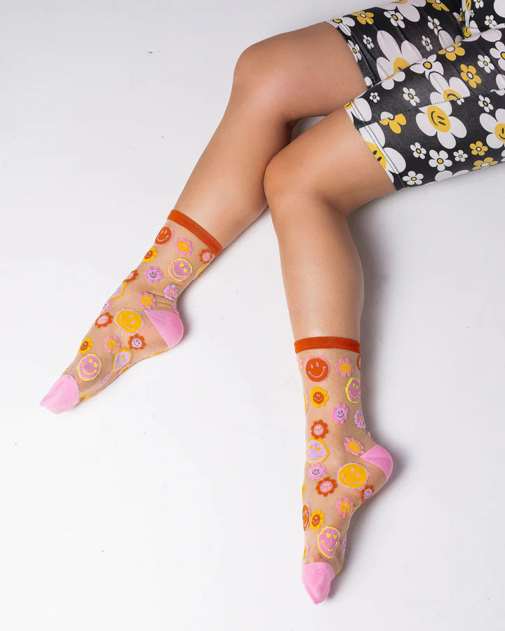 SOCK CANDY Smiley Face Daisy Sheer Crew Sock