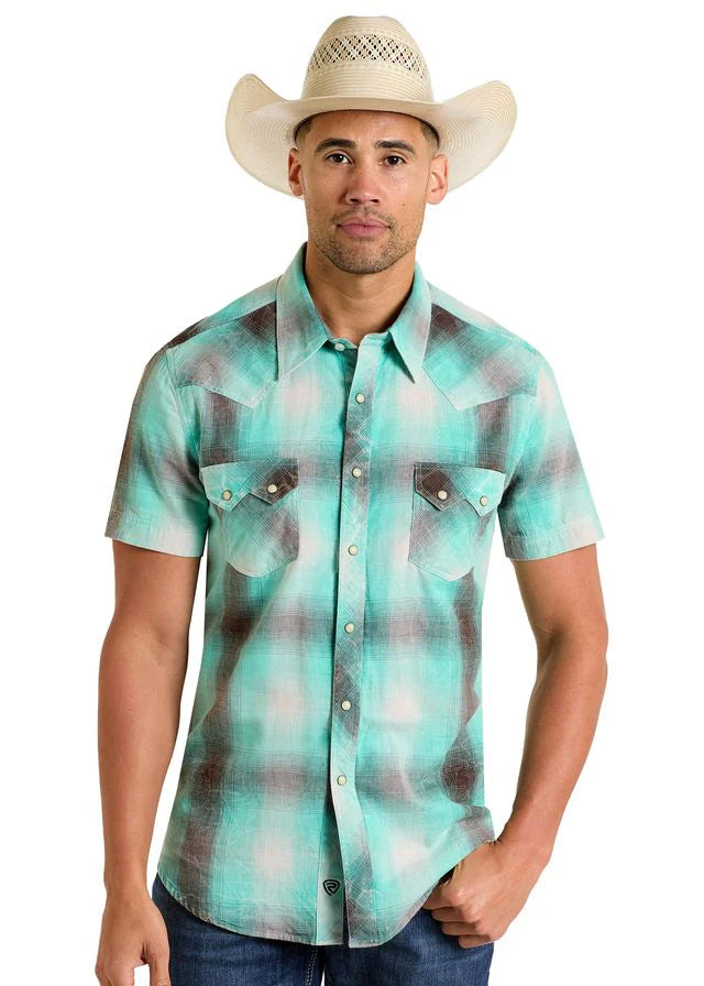 Rock & Roll Denim Washed Double Plaid Short Sleeve Snap Shirt 