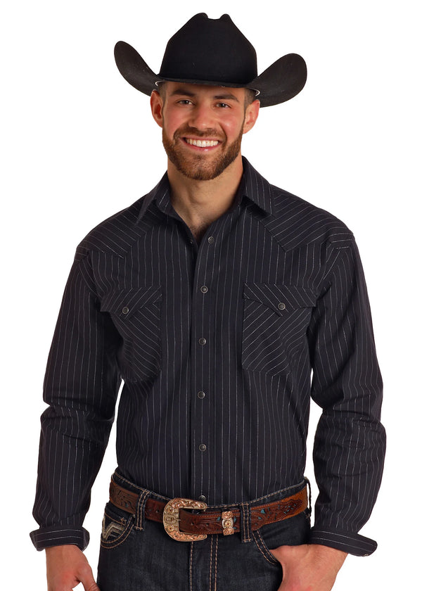 Panhandle Rough Stock Long Sleeve Snap Black and Silver Stripe