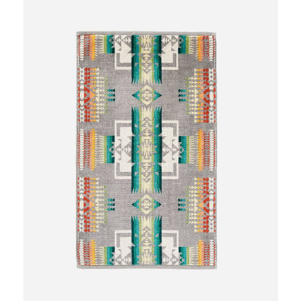 GREY HAND TOWEL WITH AZTEC PRINT IN YELLOW, RED, WHITE, GREEN AND BLUE COLORS