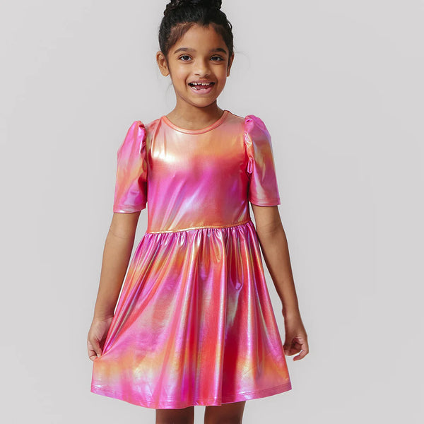 PINK CHICKEN Girls Lame Laurie Dress - Rainbow Pink Lame