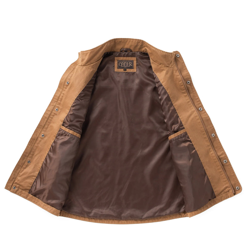 Brown jacket with a visible brand label on a white background