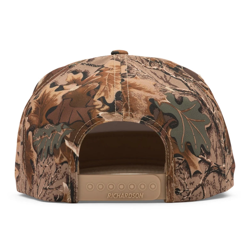 Camouflage-patterned cap with 'Richardson' branding on a white background