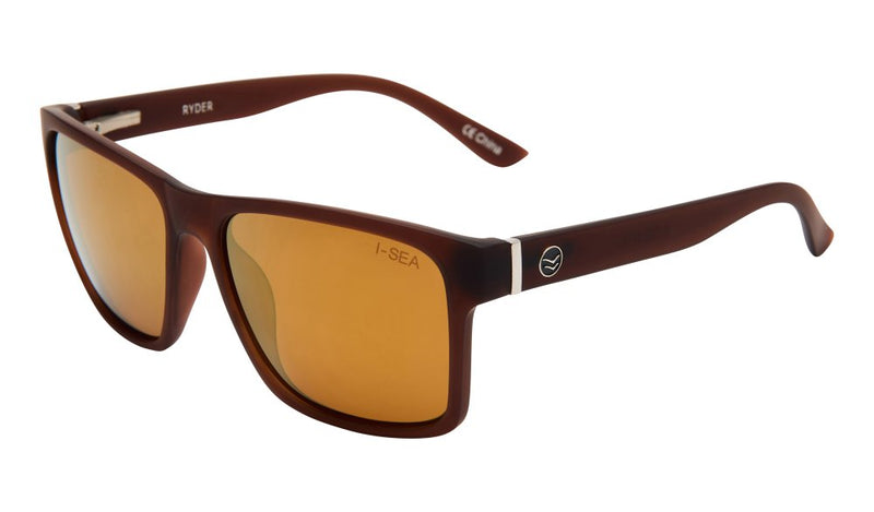 Sunglasses with brown frame and orange lenses on a white background
