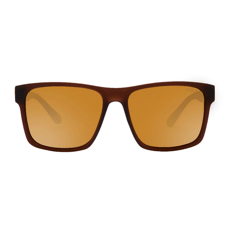 Sunglasses with brown frame and gold-tinted lenses on a white background