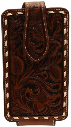 Brown leather large phone case with floral tooling and white buck lace boarder