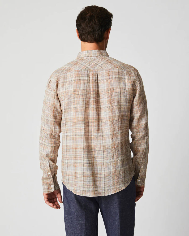 Khaki and silver plaid linen button up long sleeve shirt