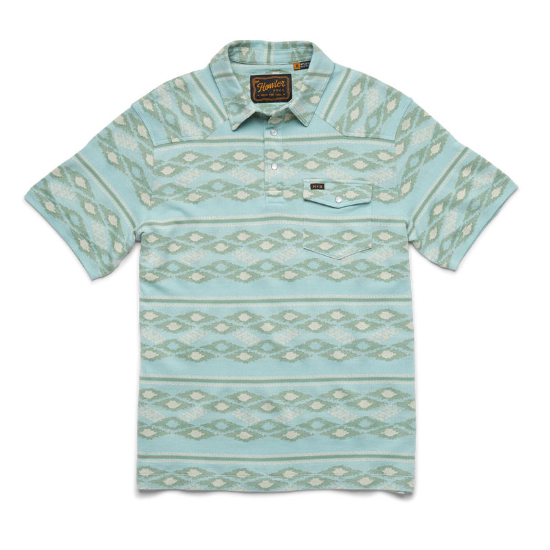 Blue polo shirt with darker blue and cream triable print all over