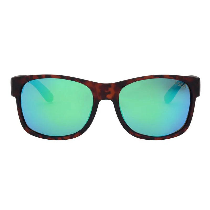 Sunglasses with tortoiseshell frame and green lenses on a white background