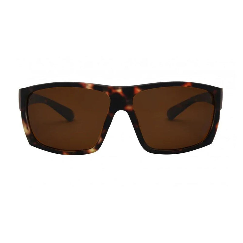 Sunglasses with tortoiseshell frame and brown lenses on a white background