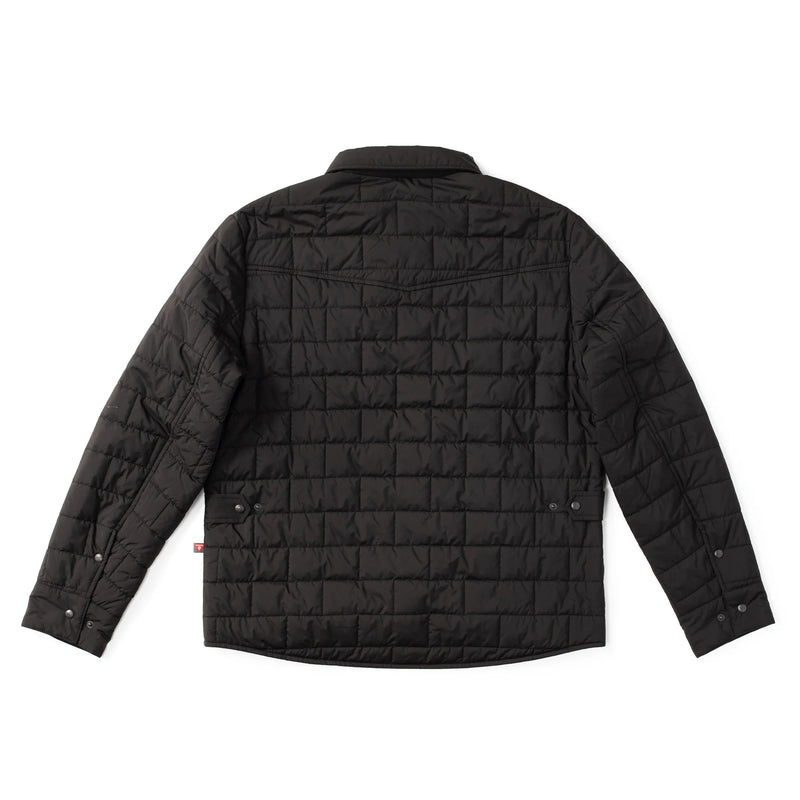 Black quilted jacket on a white background