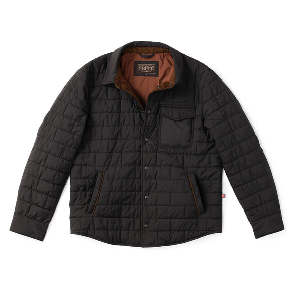 Black quilted jacket with brown interior on a white background