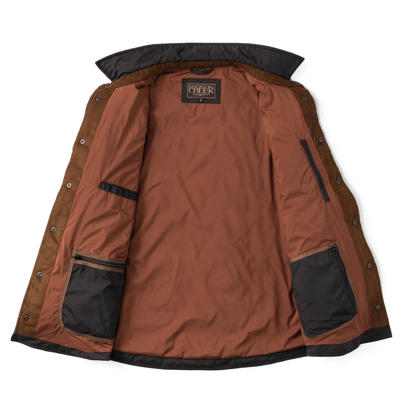 Brown jacket with black accents on a white background