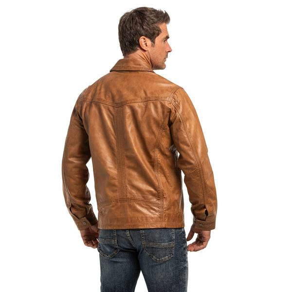 Man wearing a brown leather jacket on a white background