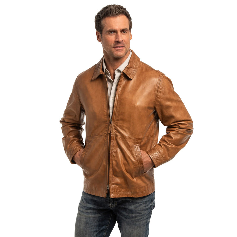 Man wearing a brown leather jacket on a white background