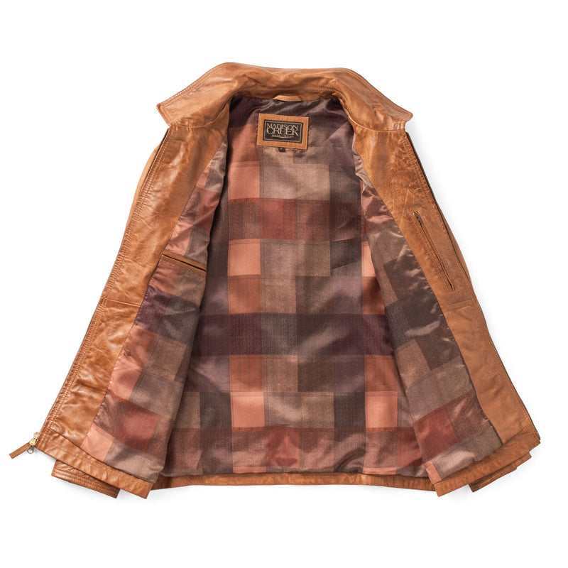Brown leather jacket with plaid lining on a white background