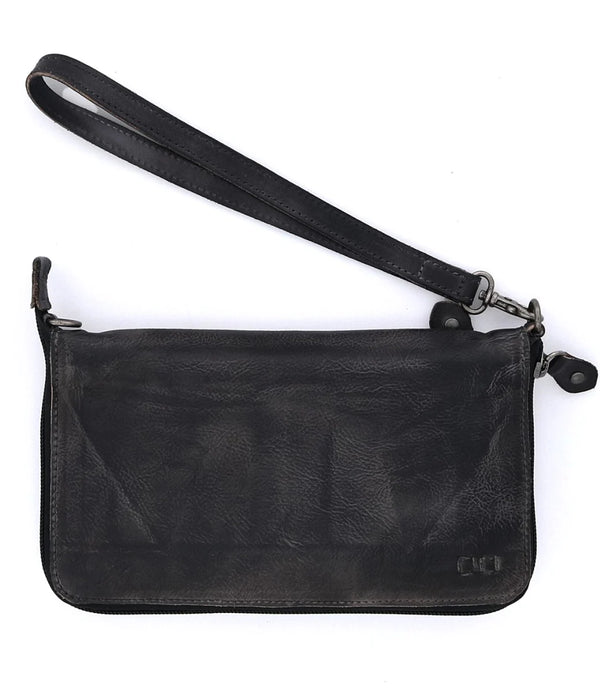 Black leather wallet bag with wristlet and crossbody strap