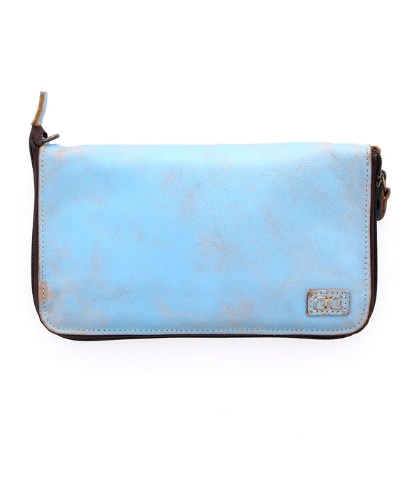 Baby blue leather wallet purse with crossbody strap