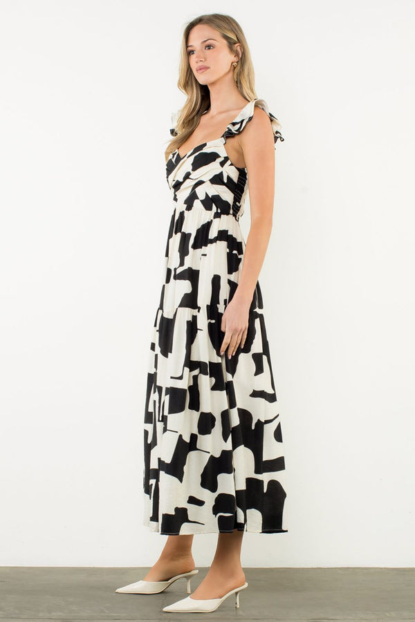 THML BLACK WHITE LONG RUFFLE DRESS