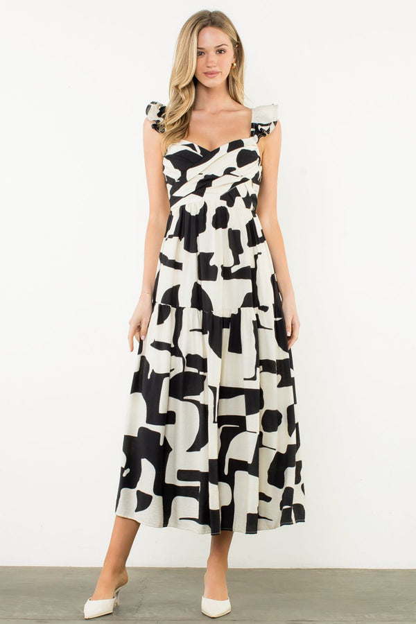 THML BLACK WHITE LONG RUFFLE DRESS