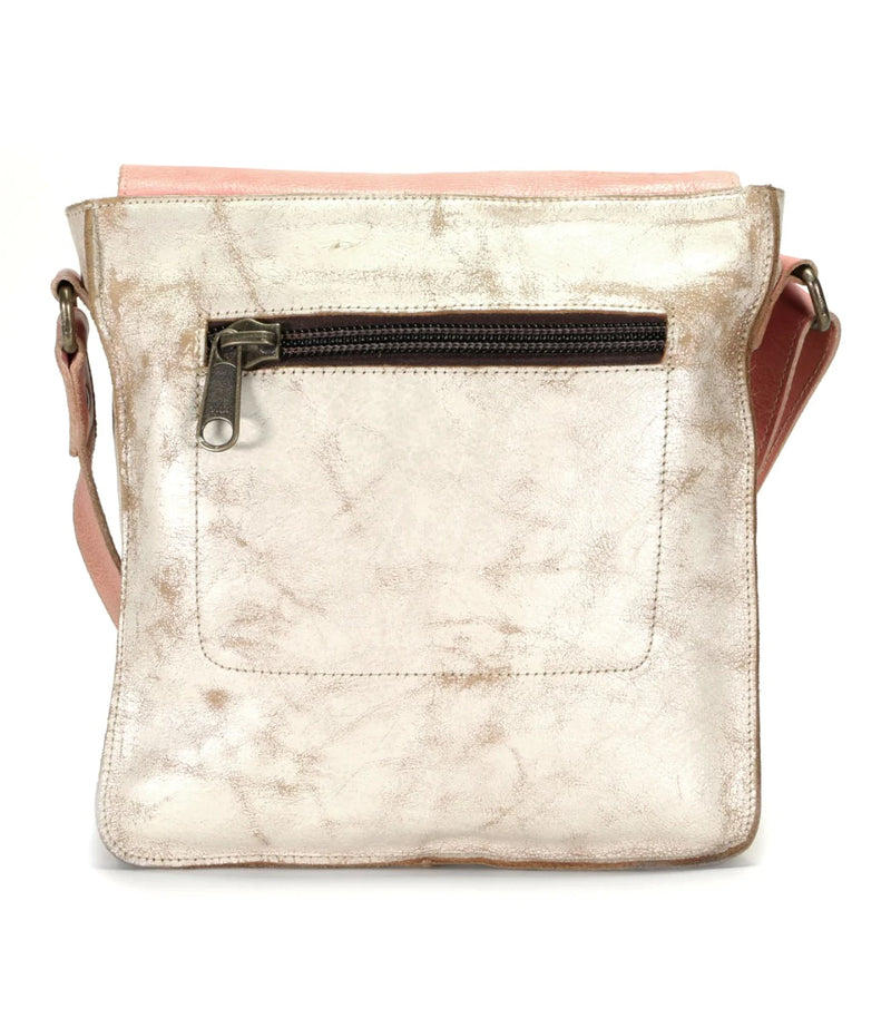 Leather envelope bag with asymmetrical buckle closure, crossbody strap and two tone pink and white colorway