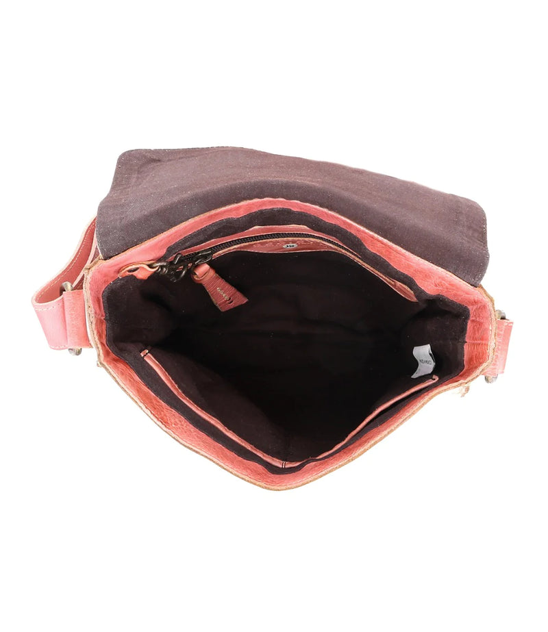 Leather envelope bag with asymmetrical buckle closure, crossbody strap and two tone pink and white colorway