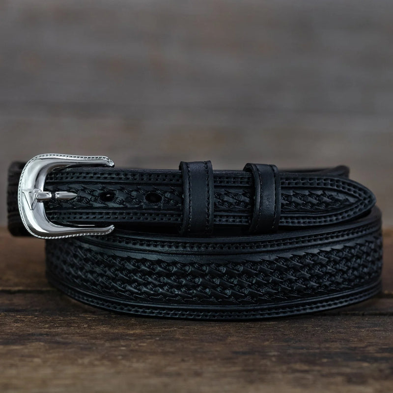 Black woven belt with a silver buckle on a wooden surface