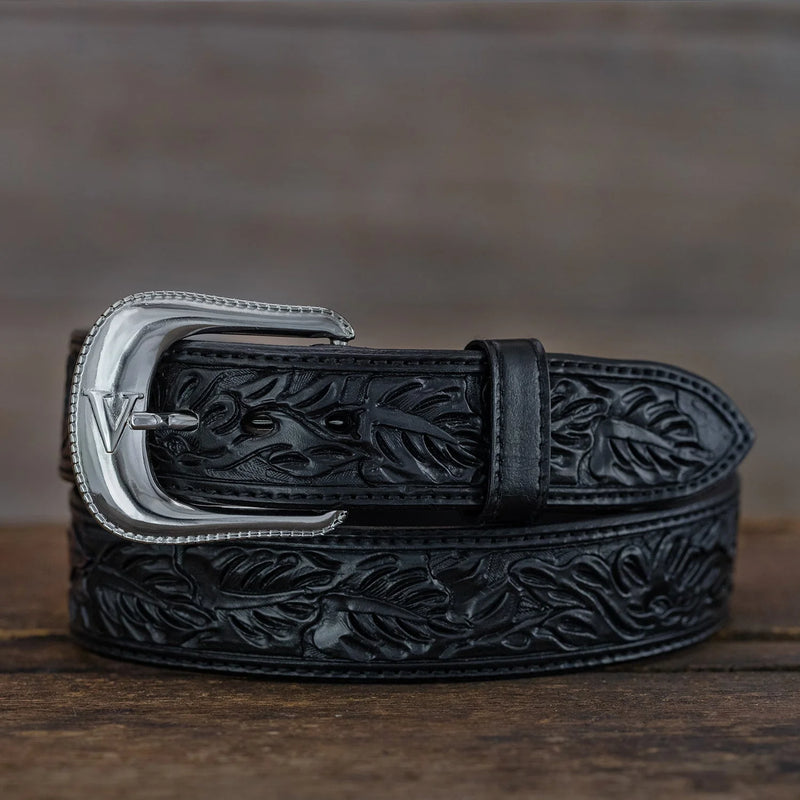 Black leather belt with leaf tooling detail and silver belt buckle with "v" on it 