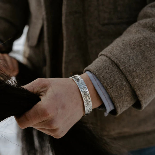 Silver men's cuff bracelet with ornate detailing