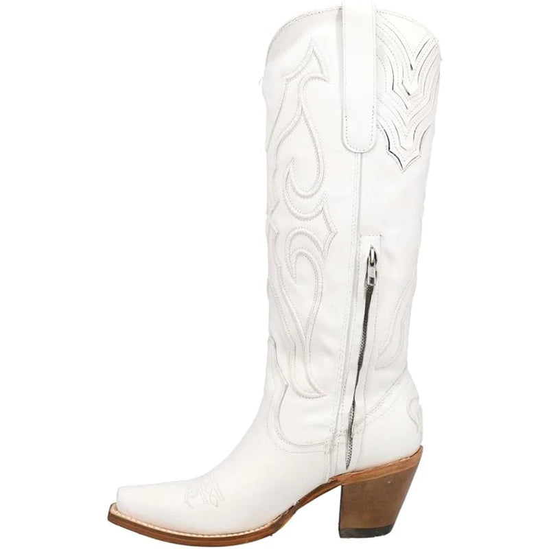 Women's white cowboy boot in 15 inch shaft and zippers on the insides and cording stitching on shaft