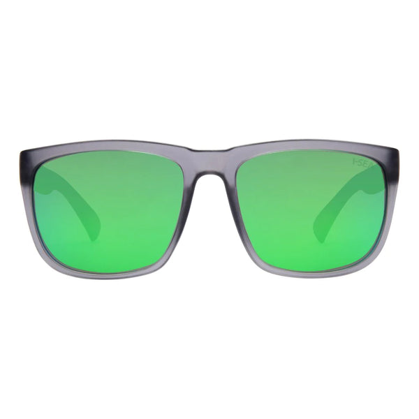 Gray sunglasses with green frames