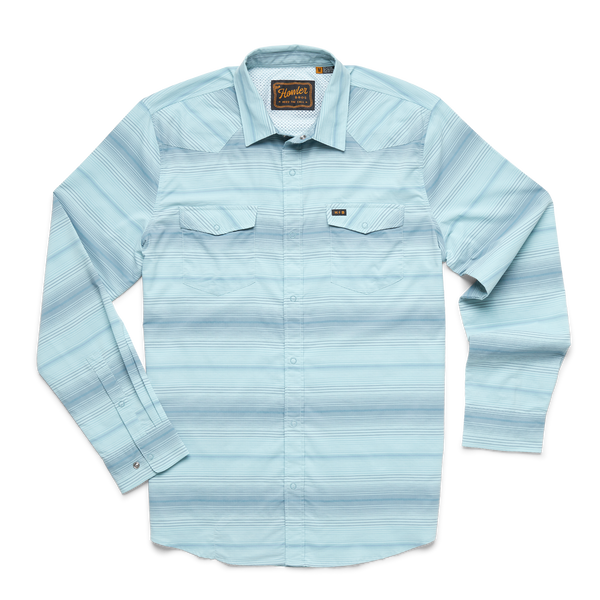 Men's long sleeve button up shirt with blue stripes and double button front breast pockets