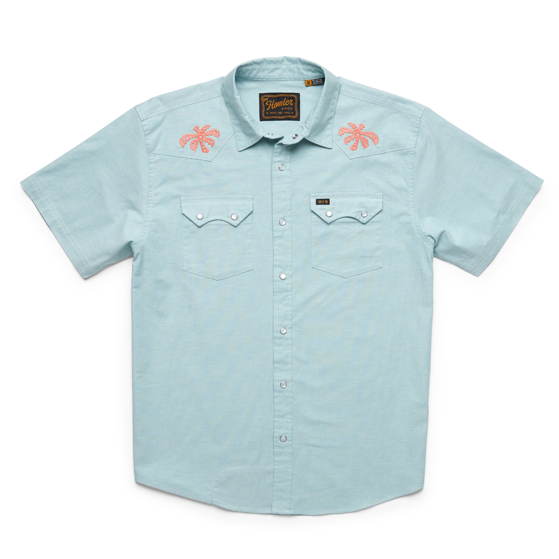Men's short sleeve pearl snap shirt with pink embroidered palm trees near the shoulders