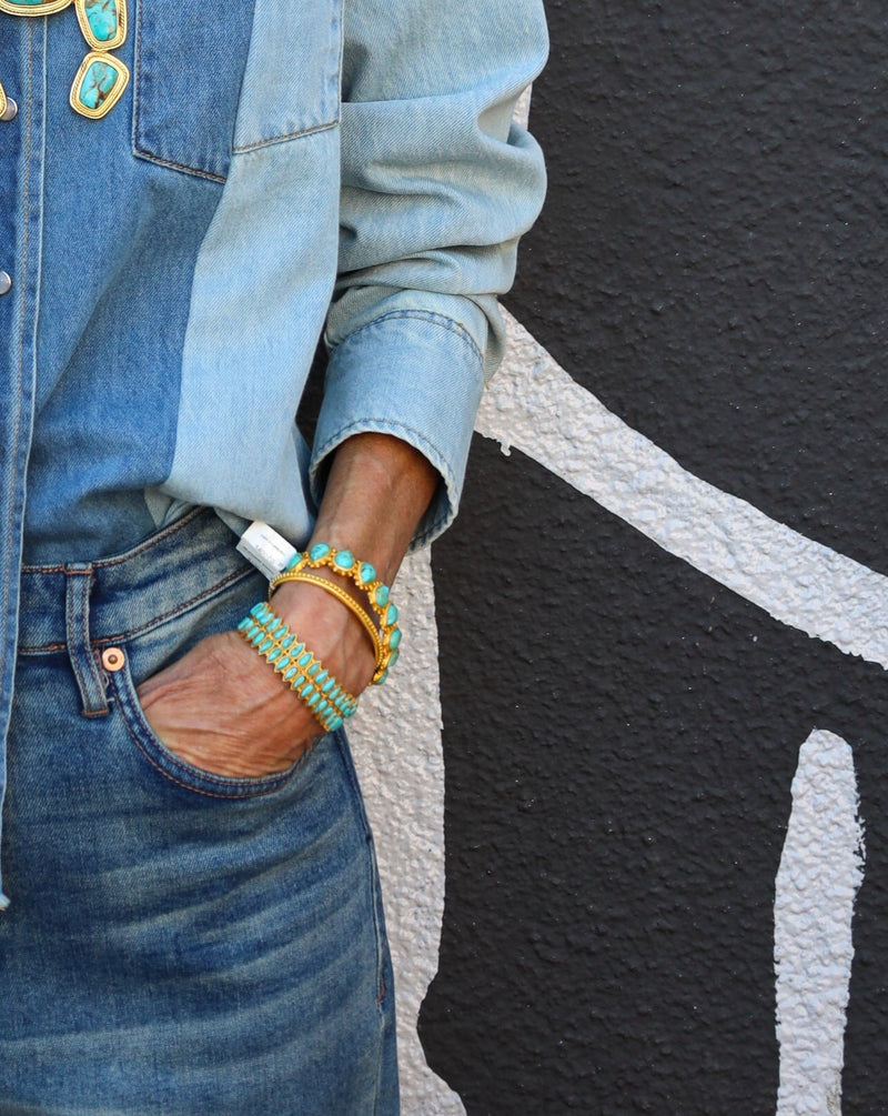 gold bracelet with turquoise teardrops in two rows