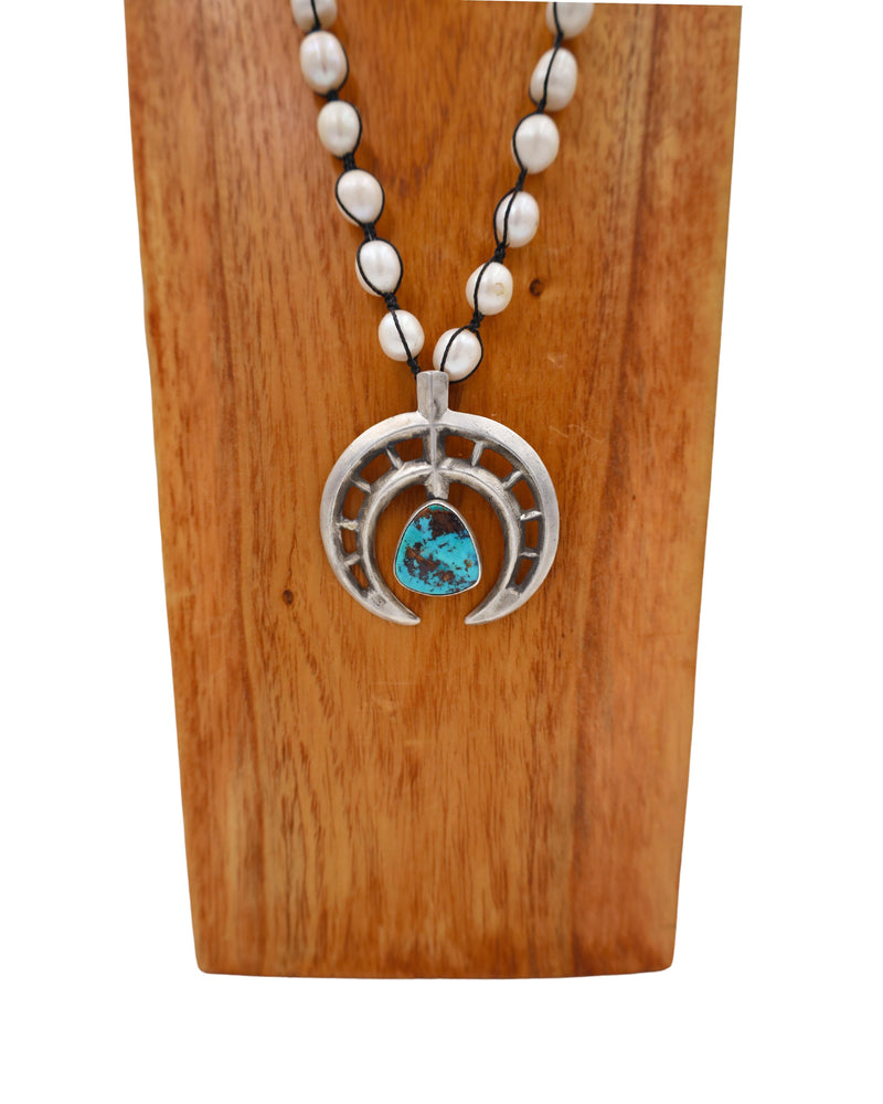 LOVE TOKENS NAJA AND TURQUOISE WITH WHITE RICE PEARL NECKLACE