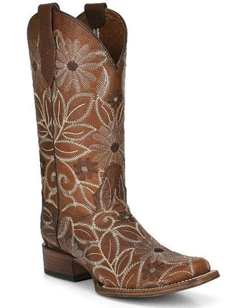 Tan cowboy boot with white and brown floral embroidery 