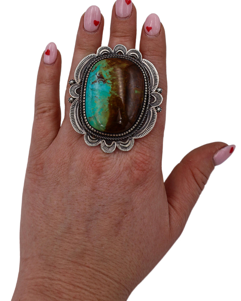 EXTRA LARGE TURQUOISE AND BROWN SCALLOP FRAME RING- SIZE 7.5