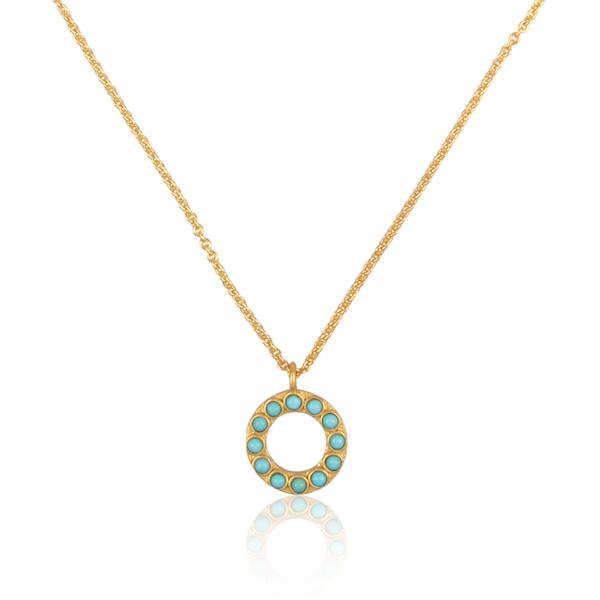 hollow gold circle pendant with turquoise dots on gold chain