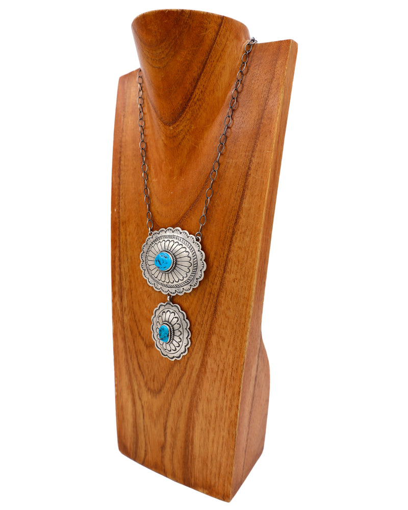 TWO CONCHOS WITH TURQUOISE ON CHAIN NECKLACE
