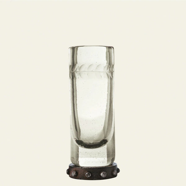 mouth blown and laurel engraved clear triple shot glass with beaded iron stand