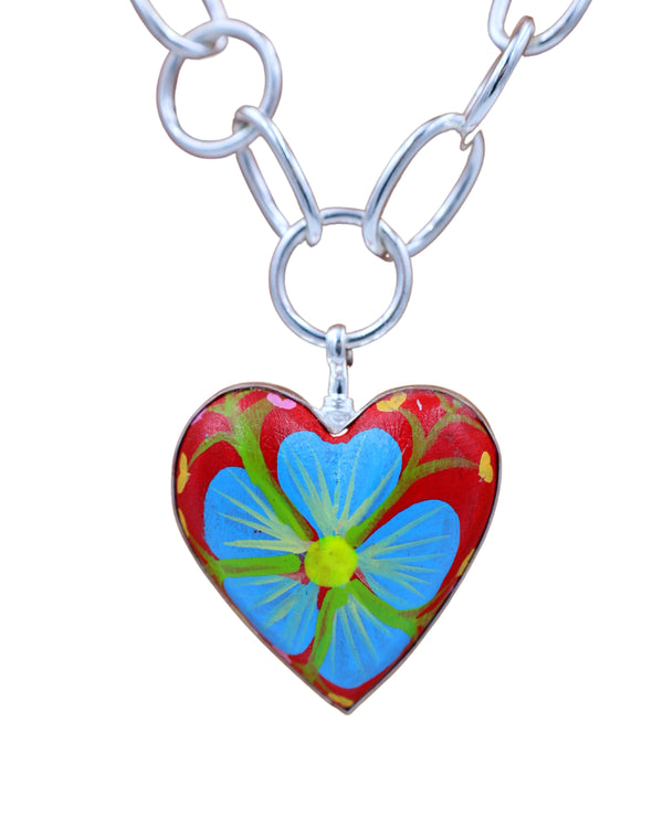 COREEN CORDOVA RED HEART WITH BLUE FLOWER PENDANT