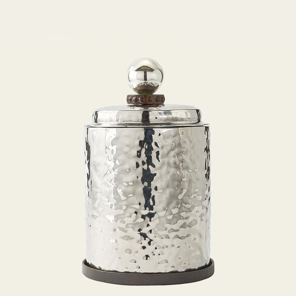 Double-hammered, double-walled stainless steel ice bucket with fitted lid & cast iron coaster