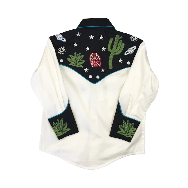 ROCKMOUNT RANCHWEAR Kid's Youth Black Vintage Cactus & Stars Chain Stitch Embroidery Western Shirt