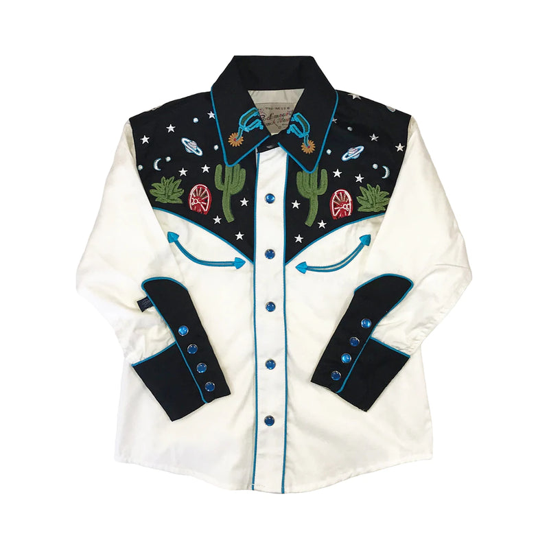 ROCKMOUNT RANCHWEAR Kid's Youth Black Vintage Cactus & Stars Chain Stitch Embroidery Western Shirt