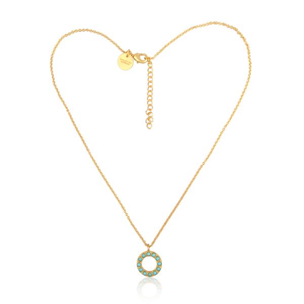 hollow gold circle pendant with turquoise dots on gold chain