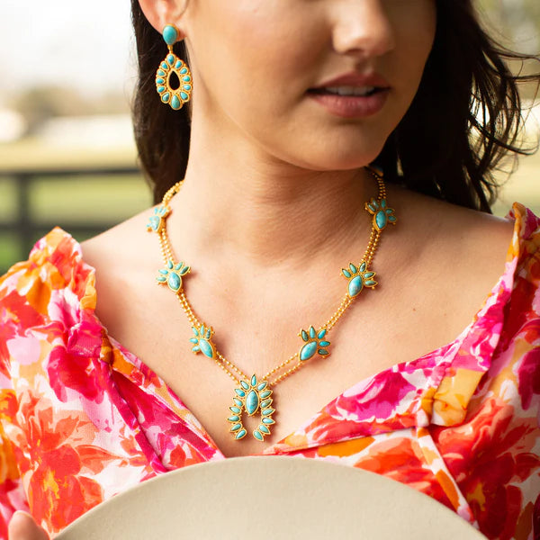 Turquoise tear drop stud with turquoise hollow oval gold earrings