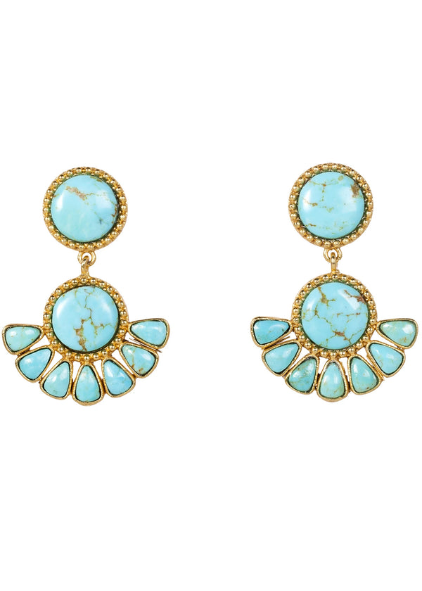 turquoise earring with half sun dangle in gold bezzel